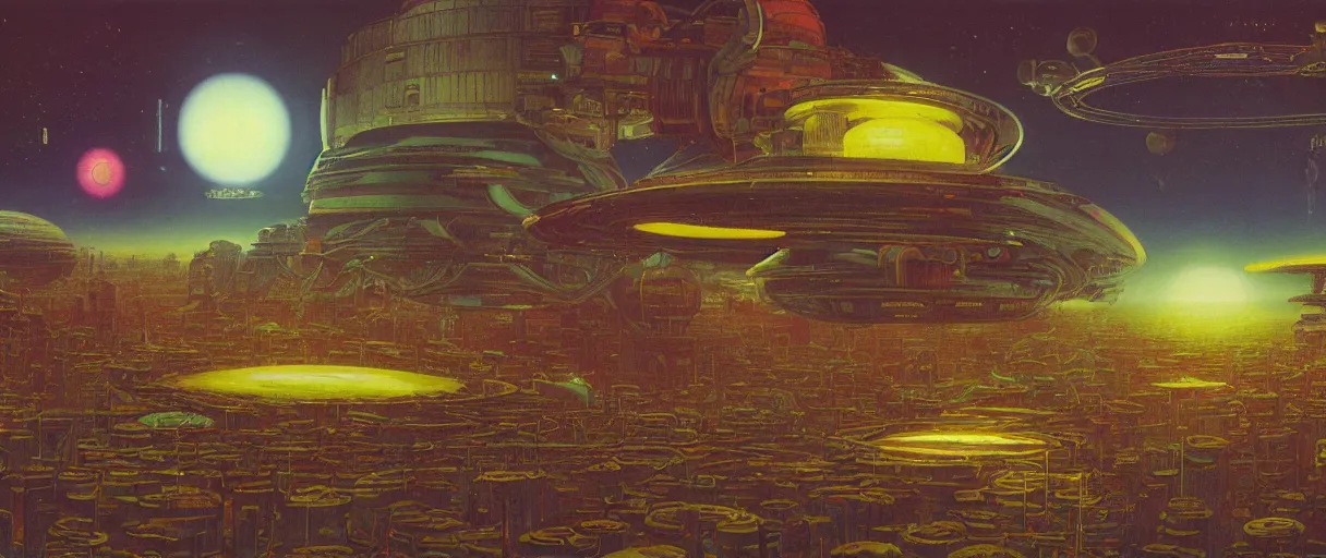 Image similar to a wide shot of a large distant hi-tech sci-fi Utopian spaceship, with a lot of bright color lights, bridges, turrets, pipes, orbiting a gas giant planet, beautiful, solarpunk, volumetric light, photography, color, intricate, extremely detailed, photorealistic, a painting by Beksinski