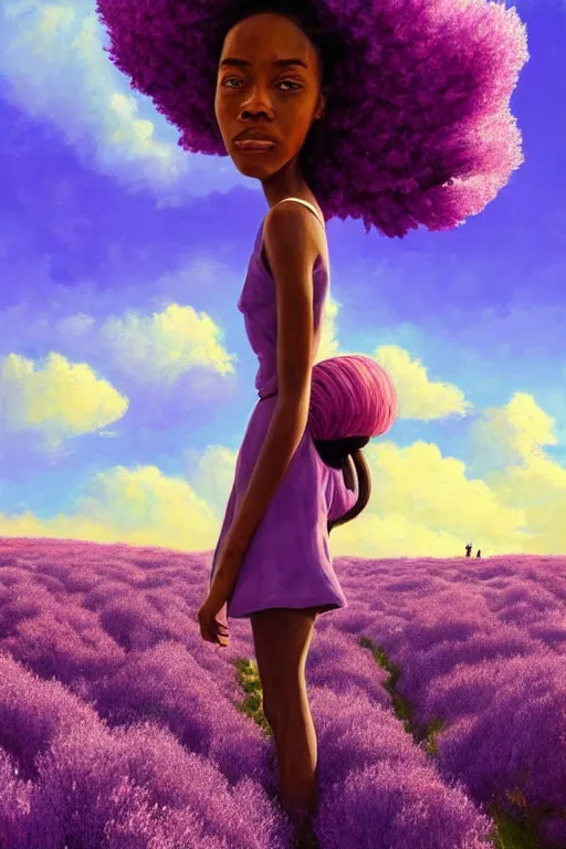 Image similar to portrait, giant lilac flower as head, black girl in heather field, surreal photography, golden hour, colorful clouds, impressionist painting, digital painting, artstation, simon stalenhag