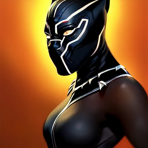 Image similar to portrait of woman black panther character, confident pose, sharp focus, illustration, highly detailed, concept art, matte, trending on artstation, anime, comics, marvel, art by wlop and artgerm and greg rutkowski, h 6 4 0