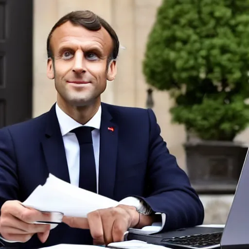 Prompt: emmanuel macron doing his taxes on his laptop