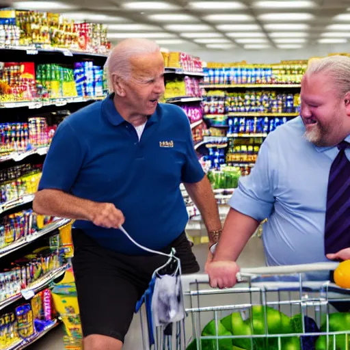 Image similar to Joe Biden punching a fat man at the supermarket, 8K, high quality, highly detailed