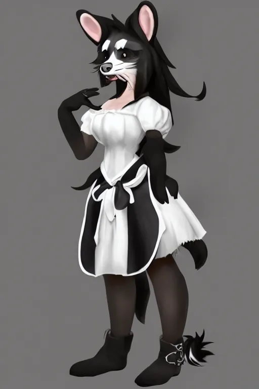 Image similar to a skunk fursona wearing a maid outfit, highly detailed, digital art, trending on artstation, furry art