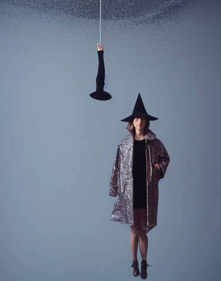 Image similar to close - up portrait of an empty slick fashionable zara raincoat floating suspended mid - air on a glittering wet rainy display designed by james turrell, wes anderson, lily frank, symmetry, rule of thirds