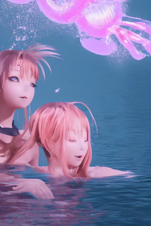 Prompt: 3d realistic dramatic infrared photo of two anime schoolgirls with a realistic face falling down from huge japanese bridge under water. Close-up portrait. There are pink palm trees and translucent glow jellyfish flying around. Volumetric composition. Pastel colors in the style of Hiro Kiyohara, redshift, octane, trend artstation, cinematic, hyper realism, high detail, 8k