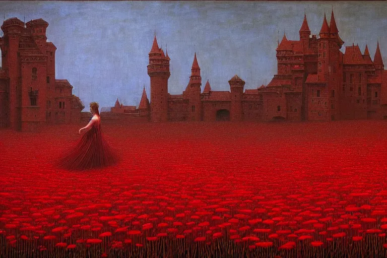 Image similar to only with red, red flowers of different types, a red tiger, a castle in the background, medieval demons dance over the flowers, an ancient path, in the style of beksinski, part by hopper, part by rodcenko, part by hofbauer, intricate composition, red by caravaggio, insanely quality, highly detailed, masterpiece, red light, artstation