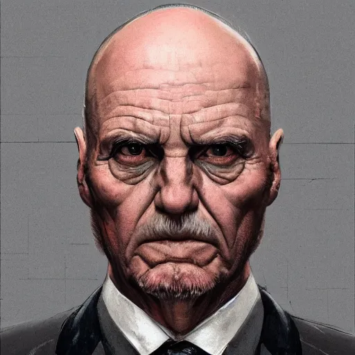 Image similar to close-up, symmetrical, portrait of an old man, hairstyle bald, wearing a suit, marvel art, art by greg rutkowski, matte painting, trending on artstation