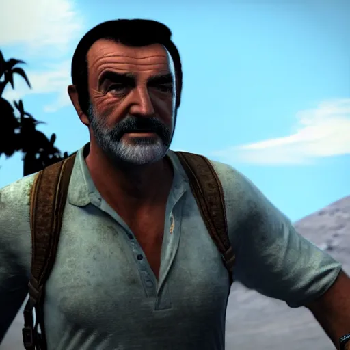 Image similar to sean connery as sully in uncharted 3, 8 k detail,