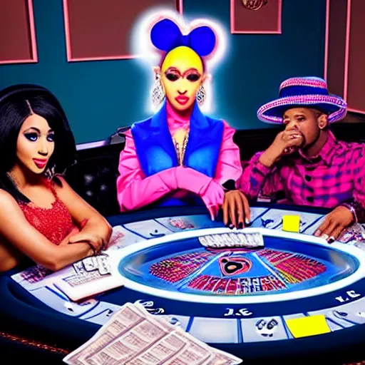 Image similar to cardi b, nicki minaj, donald duck all sitting at a poker table together, ultra realistic, live action, iphone photo