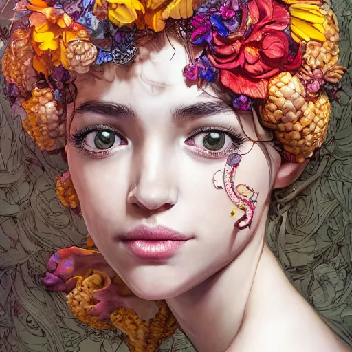 Image similar to the portrait of an absurdly beautiful, graceful, elegant young woman made of bananas and petals looking down, an ultrafine detailed illustration by kim jung gi, irakli nadar, intricate linework, bright colors, octopath traveler, final fantasy, angular, unreal engine 5 highly rendered, global illumination, radiant light, detailed and intricate environment