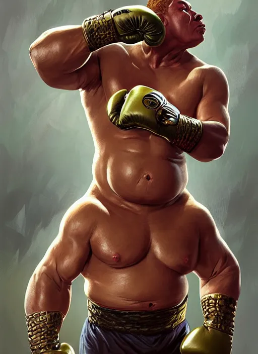 Image similar to portrait of aggressive humanoid crocodile wearing boxing gloves, d & d, muscular! fat! fantasy, intricate, elegant, highly detailed, digital painting, artstation, concept art, smooth, sharp focus, illustration, art by artgerm and greg rutkowski and alphonse mucha
