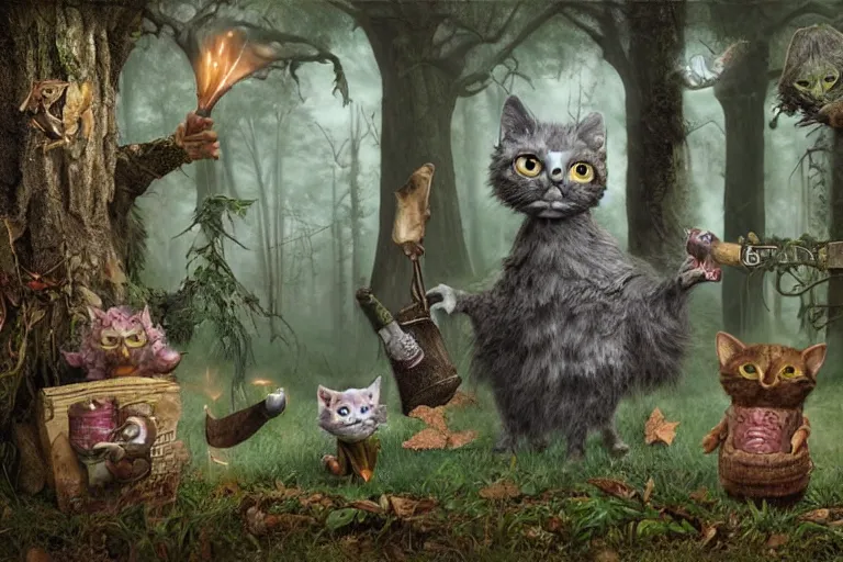Image similar to old wizard cat and his forest furry creature matte painting, 3 d highly detailed, in the style of mark ryden