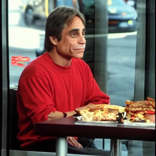 Prompt: tony danza through the window of mcdonald's stares dejectedly at his food, paparazzi photo