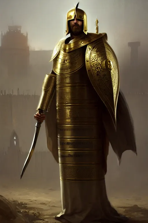 Prompt: white man looking forward in iron decorated plate armor with golden cross decorated on chest, cylindrical crusader great helm covering all his head and white silk cape covering his back and elbows standing at the gates of jerusalem drawn by greg rutkowski realistic high detail