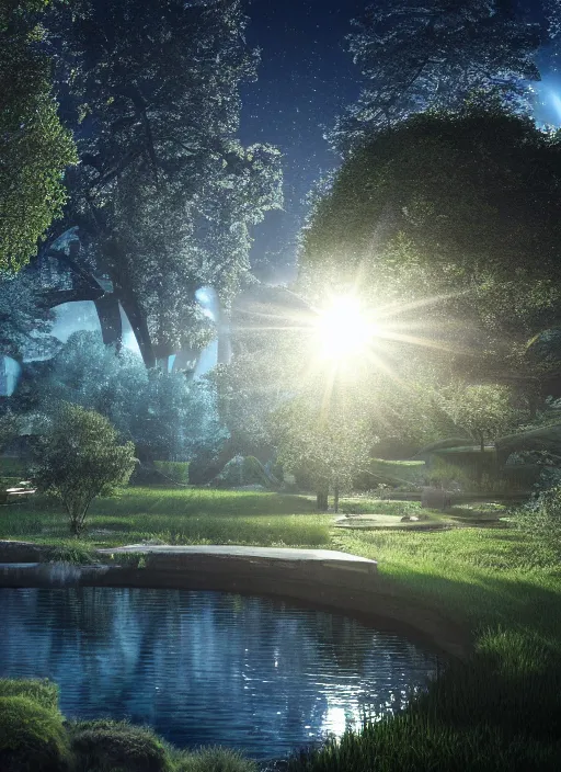 Image similar to photography at night of an ethereal pond, a central sunlight glare, mystical lights, cyber futuristic lights, masterpiece, epic, cinematic, hyperealistic, high detailed, corona render, hdr, ray tracing