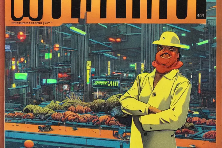 Prompt: 1979 OMNI Magazine Cover of a dumb ogre working at a fish market warehouse. In the background are street level views of neo-Tokyo in cyberpunk style by Vincent Di Fate