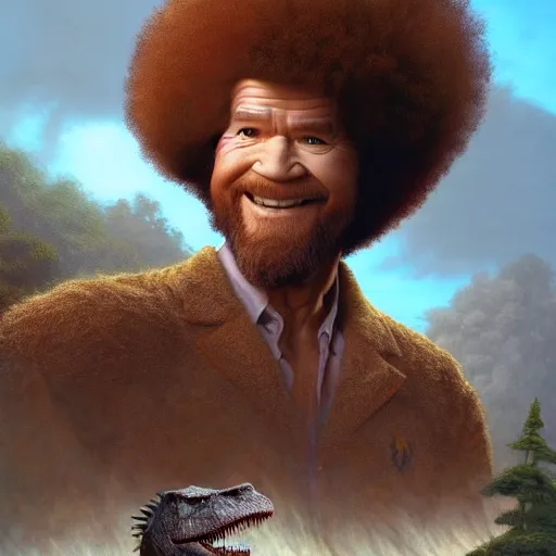 Image similar to bob ross!!! riding!!! a dinosaur!!, giant afro!, model pose, ultra realistic, concept art, intricate details, highly detailed, photorealistic, octane render, 8 k, unreal engine. art by artgerm and greg rutkowski and alphonse mucha