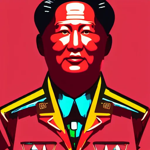 Image similar to cyberpunk mao zedong as the leader of a futuristic communist society, cybernetics, sharp lines, digital, artstation, colored in