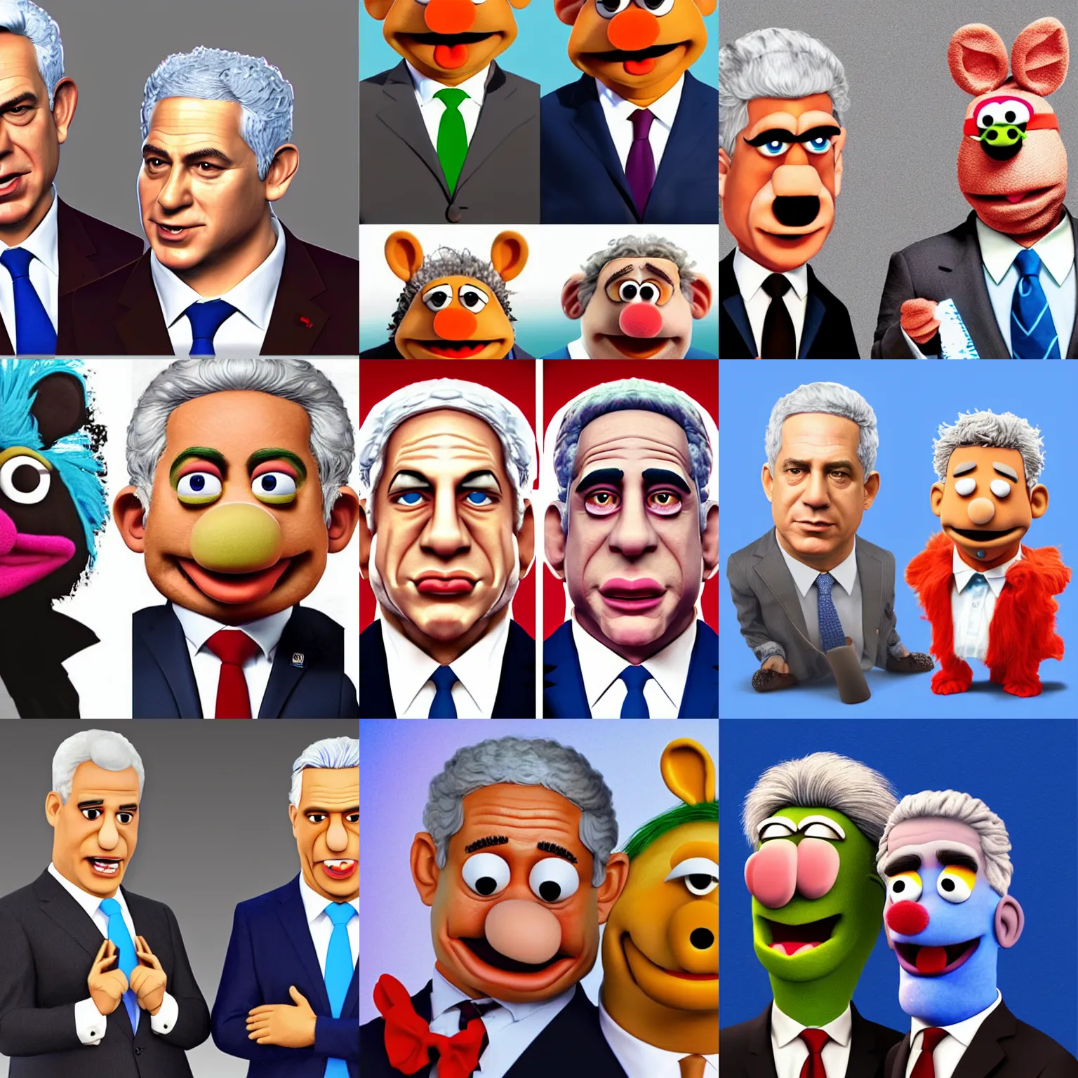 Prompt: Benjamin Netanyahu and Yair lapid as muppets, 3d digital painting, trending at artstation, hyper detailed, hyper realistic, gorgeous lighting