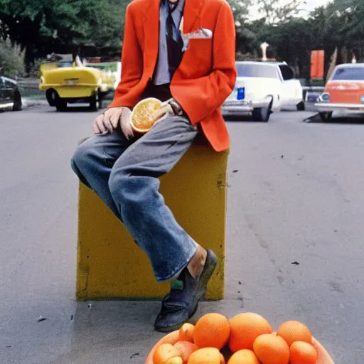 Image similar to hugh hopper on a street corner eating an orange and sipping pepsi