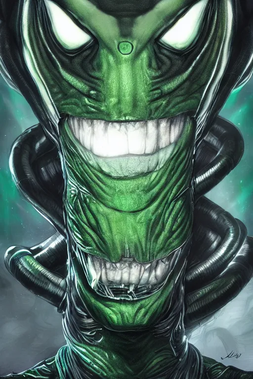 Image similar to alien character, cinematic lighting, intricate details, green smoke dark background, ring light, alex ross, mark waid, jonathan hickman, joe sinnot, jack kirby style arts, trending on artstation featured on behance,