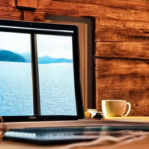 Prompt: A laptop on a work desk inside a cozy wooden cabin with a window overlooking a nice lakeside view with bright sunshine outside