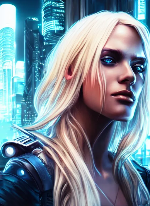 Prompt: photo of a gorgeous blonde female in cyberpunk city, realistic, sharp focus, 8 k high definition, insanely detailed, intricate, elegant, artgerm, greg kutkowski, high contrast dramatic lighting