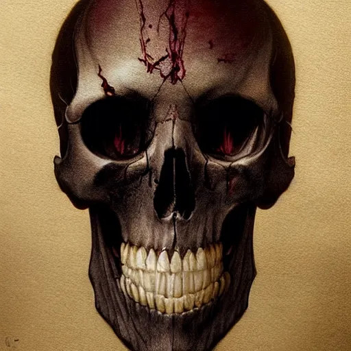 Image similar to A beautifully aesthetic rendering of a vampires skull, dark art, warm and soft and subdued colors, by Greg Rutkowski, Daarken, Julia Hetta, stefan gesell, Gothic art, Digital Painting, hyperrealism, Drawing, deviantart, digital illustration, trending on Artstation, hyperdetailed, watercolor, 8k resolution, photorealism