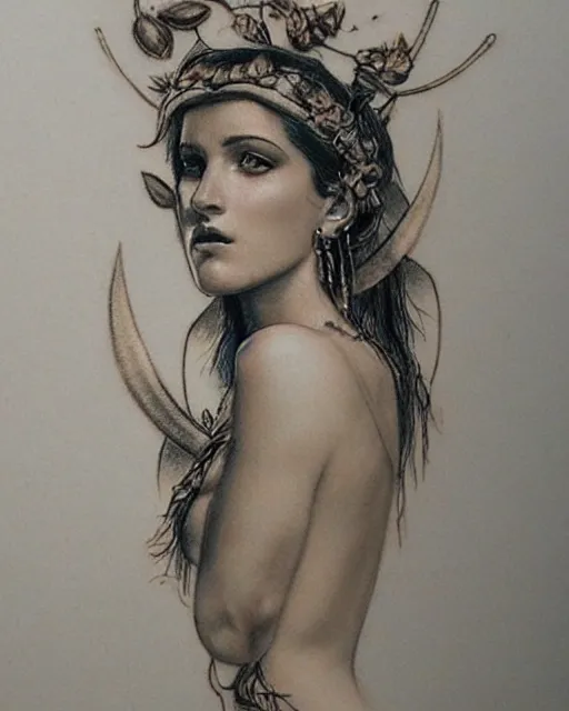 Image similar to realism tattoo sketch of a beautiful greek goddess aphrodite with piercing eyes wearing a laurel wreath and triangle earrings, in the style of greg rutkowski, amazing detail