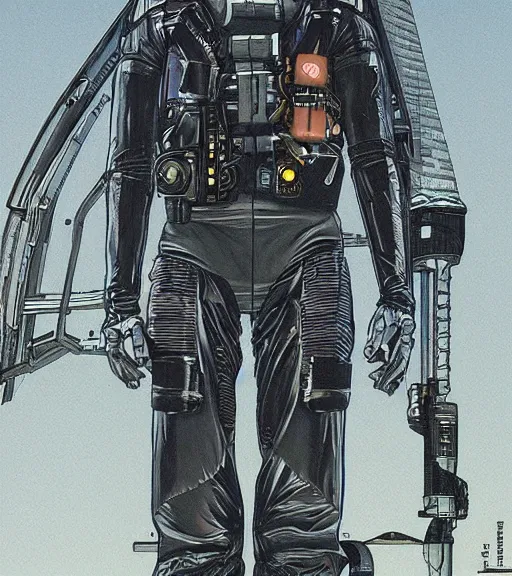 Image similar to cyberpunk japanese man with long limbs and a black spacesuit on a spacewalk outside of their ship, techwear, Industrial Scifi, detailed illustration, character portrait, by Martin Grip and Moebius