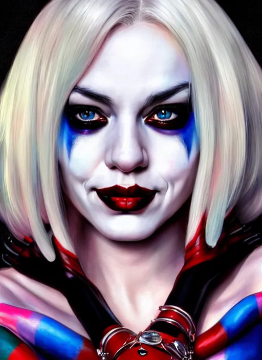 Image similar to photo of a gorgeous harley quinn in the style of stefan kostic, realistic, sharp focus, 8 k high definition, insanely detailed, intricate, elegant, art by stanley lau and artgerm