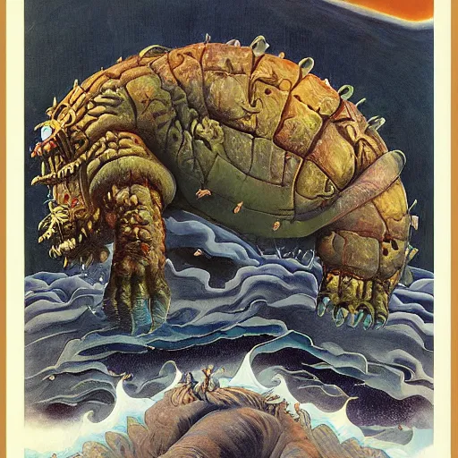 Prompt: a giant tardigrade kaiju retro japanese, monster slimy, oil painting, 7 0 s vintage art, by georgia o keeffe, by kay nielsen, by gustave dore, by frank frazetta, nausicaa, collage, by james gurney