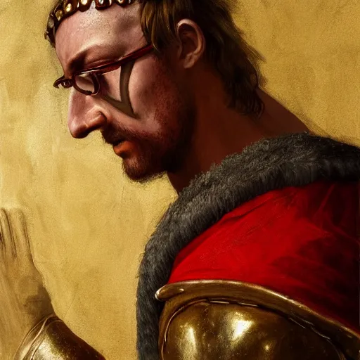 Prompt: Sam Hyde as a Roman warrior wearing gold and red armor, elegant suit, looking at bloody fist, portrait art by Leonardo da Vinci, highly detailed, digital painting, concept art, illustration, dim lighting with twilight rays of sunlight, trending on artstation, very detailed, smooth, sharp focus, octane render, close up