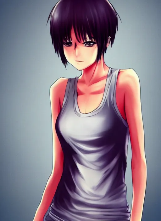 Image similar to attractive girl, short hair, dark skin, slim, symmetric eyes, white tank top, anime art