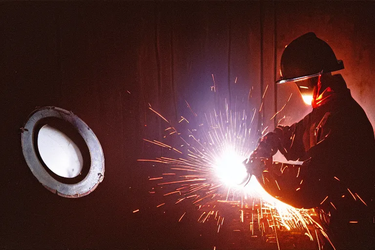 Prompt: welder wearing welding mask hiding in a sewage pipe, ominous lighting, by richard avedon, cinestill colour, anamorphic, cinematic stock