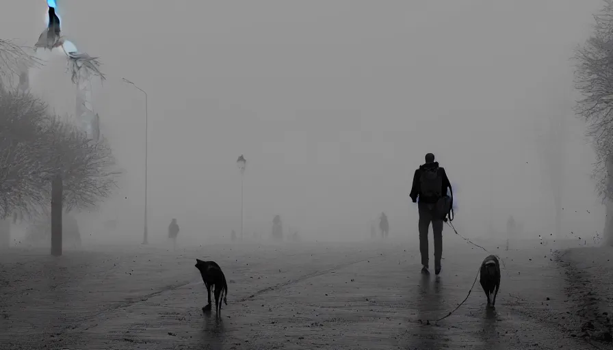 Image similar to guy with bagpack and his dog walking in desolated paris, grey sky, muddy road, dusty cars, crows in the sky, hyperdetailed, artstation, cgsociety, 8 k