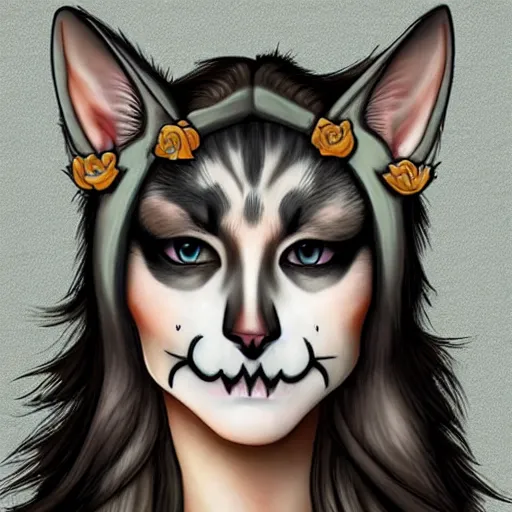 Prompt: medieval cat person with a skull tattoo on their face, digital art, beautiful, style of ray tross