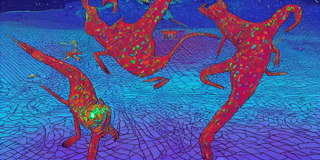 Image similar to electric cats that fly over ice, a lot of tv screens around, shrimps are all over the ground, acid and dreaming psychedelic hallucinations, by moebius and jean giraud, colorful flat surreal design, hd, 8 k, artstation