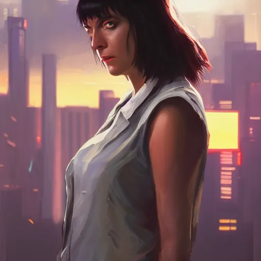 Prompt: portrait of a young mia wallace in front of a cyberpunk city, dramatic light, city background, sunset, high contrast, sharp, painted by stanley lau, painted by greg rutkowski, painted by stanley artgerm, digital art, trending on artstation