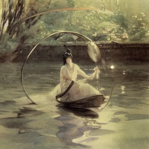 Image similar to spirited away by anders zorn placid, somber. a river scene. the river is represented by a line winding through the center of the kinetic sculpture. the banks of the river are represented by two lines, one on each side.
