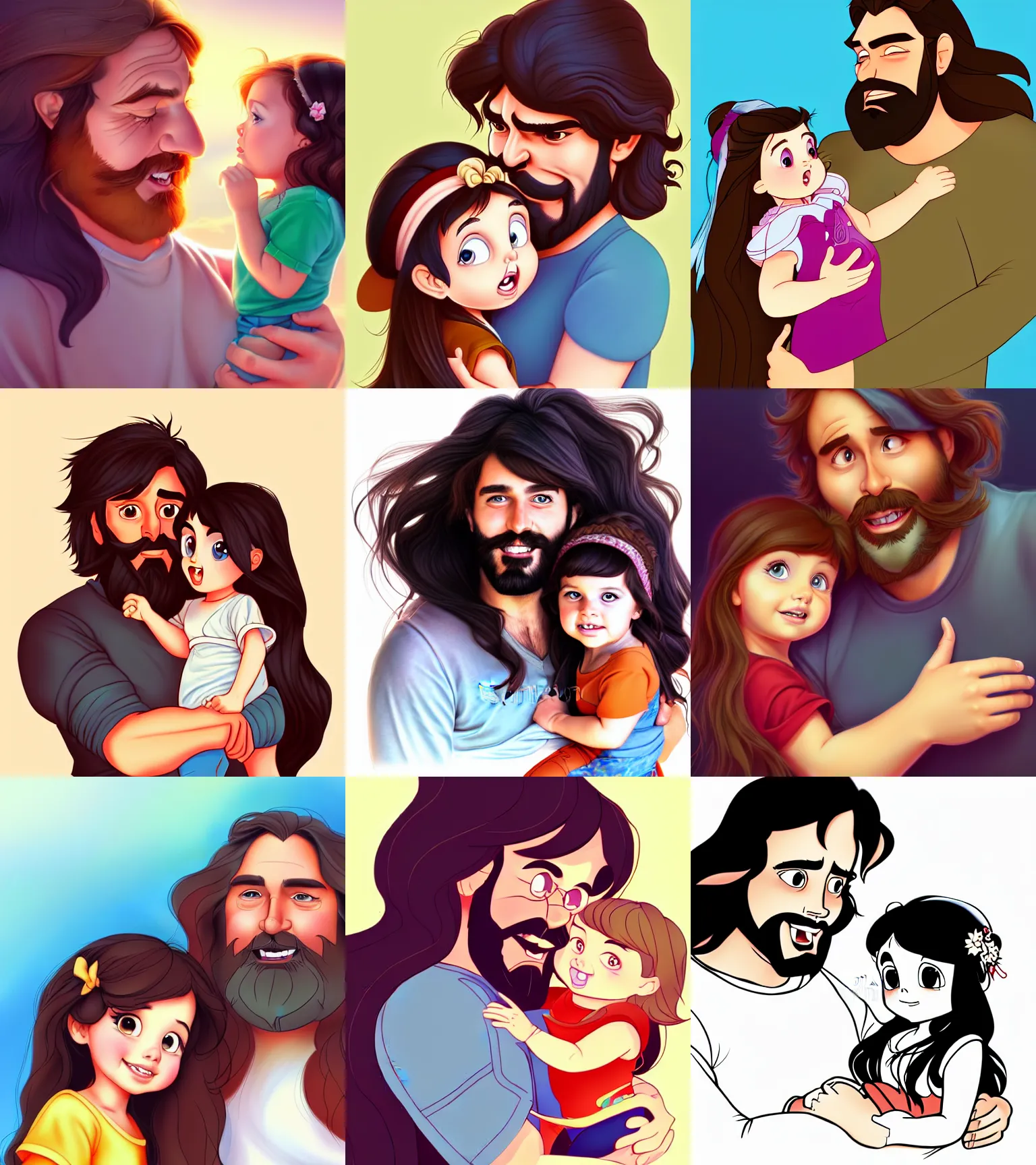 Prompt: a long - haired bearded father and his brunette child toddler girl, love, feeling, happy, full color digital illustration in the style of don bluth, artgerm, artstation trending, 4 k