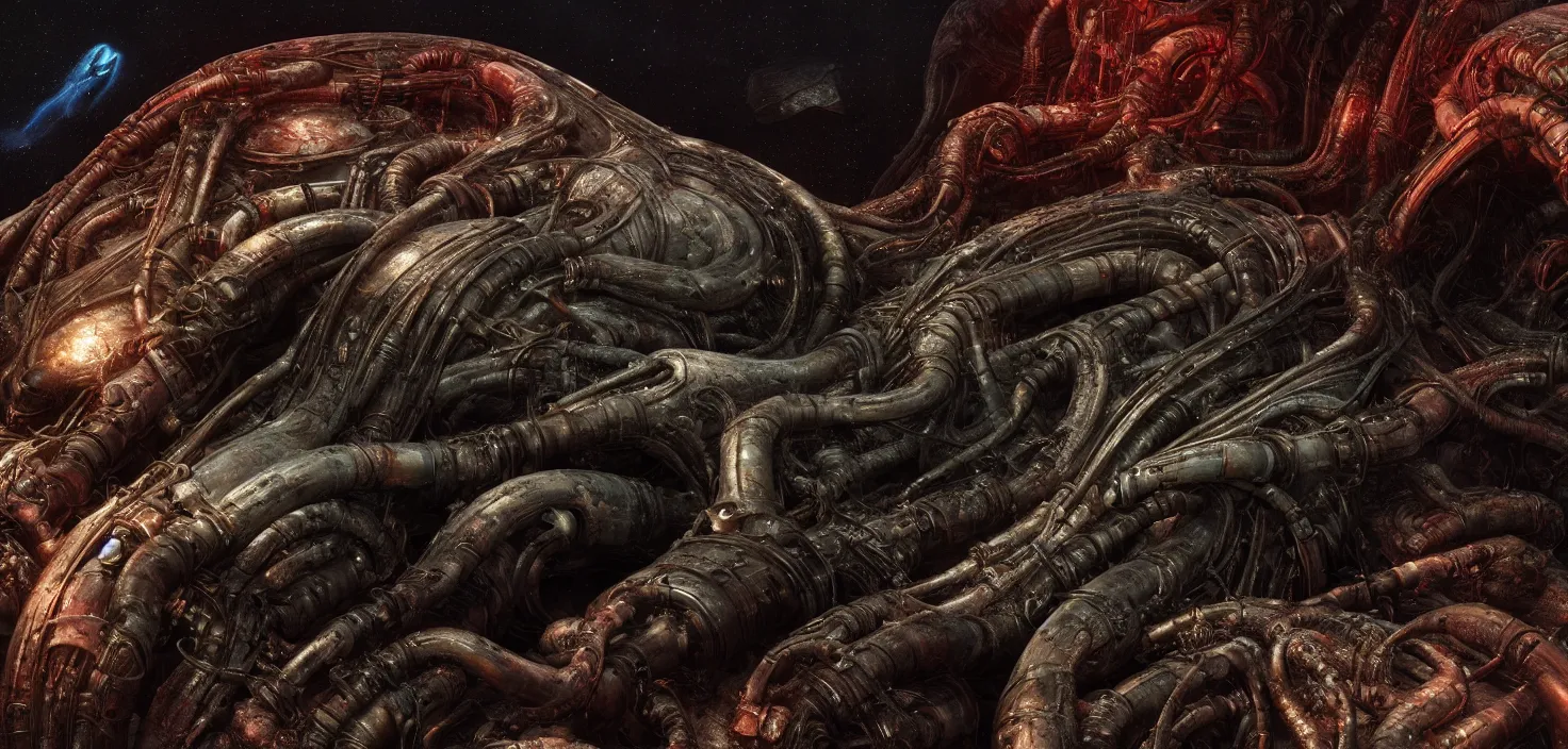 Image similar to Prometheus biological sci-fi environment set close-up, hibernation capsule close-up, in a nightmarish universe of odd forms and somber tapestry, HR Giger and Vincent Di Fate, vivid color scheme, featured in artstation, octane render, cinematic, elegant, intricate, 8k