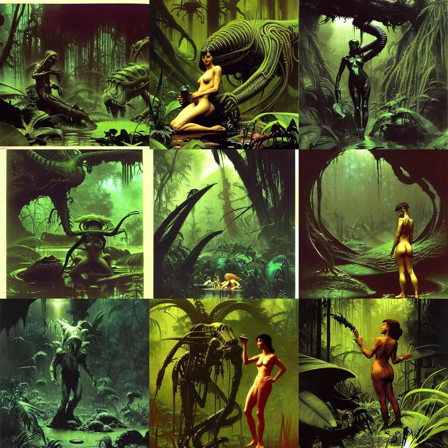 Prompt: asimov alien swamp exploration humid damp flora fauna by syd mead, frank frazetta, ken kelly, simon bisley, richard corben, william - adolphe bouguereau