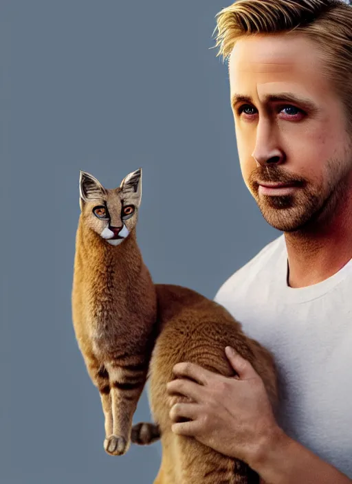 Image similar to Ryan Gosling holds a caracal cat in his hands, ultra highly detailed, elegant, artstation, octane render,