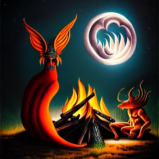 Image similar to strange mythical beasts of sitting around a fire under a full moon, surreal dark uncanny painting by ronny khalil