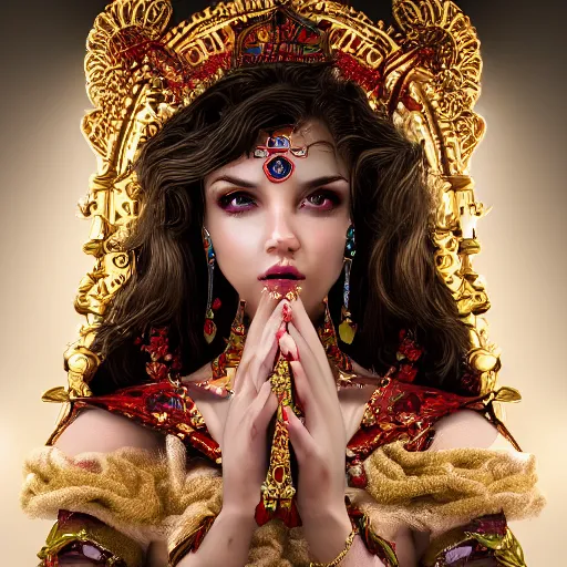 Image similar to photograph of wonderful princess with smooth fair skin, alluring eyes, red jewelry, breathtaking, elegant, ornate, intricate, hyper detailed, accent lighting, dramatic light, 4 k octane render