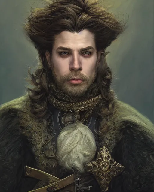 Image similar to white male rogue bard portrait, highly detailed, very intricate, symmetrical, cinematic lighting, closeup painted portrait, by donato giancola and rossdraws and magali villenueve, featured on artstation