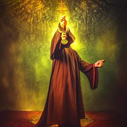 Image similar to a wizard is casting a magic spell, mystic, fantasy, magic, award winning photography, hdr, studio lighting medium close shot, mucha style,