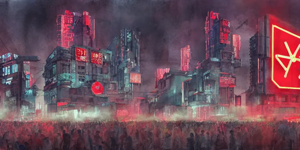 Prompt: landscape of a communist cyberpunk soviet city with neon hammer and sickle signs, crowds of people, brutalist architecture, watercolor, ultra realistic, highly detailed, hd, sharp focus, cinematic lighting, mood lighting, realistic, photorealistic, vivid colors, painting, photograph, digital art, non blurry, sharp, artstation, concept art, smooth, illustration