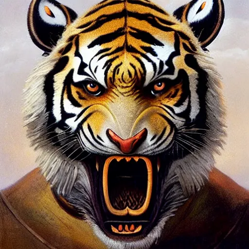 Prompt: head and shoulders portrait of a tiger - headed rakshasa, d & d, fantasy, greg rutkowski, frank frazetta, alexandre chaudret, boris vallejo, michael whelan, miro petrov, hr giger, magali villeneuve, donato giancola