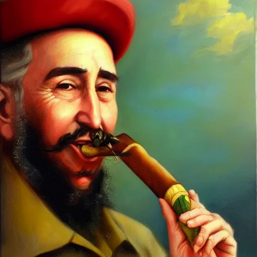 Prompt: oil painted portrait of fidel castro smiling with a cigar - warm colors - cuba - havana - style of sophie anderson - artstation trending